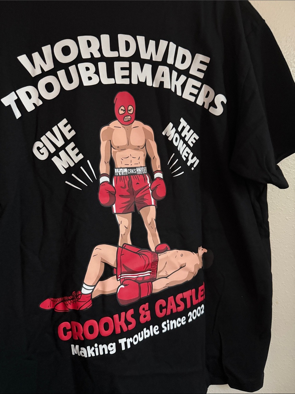 Crooks & Castles Black drop shoulder Tee with Red Boxing Glove Graphic - Picture 6 of 7